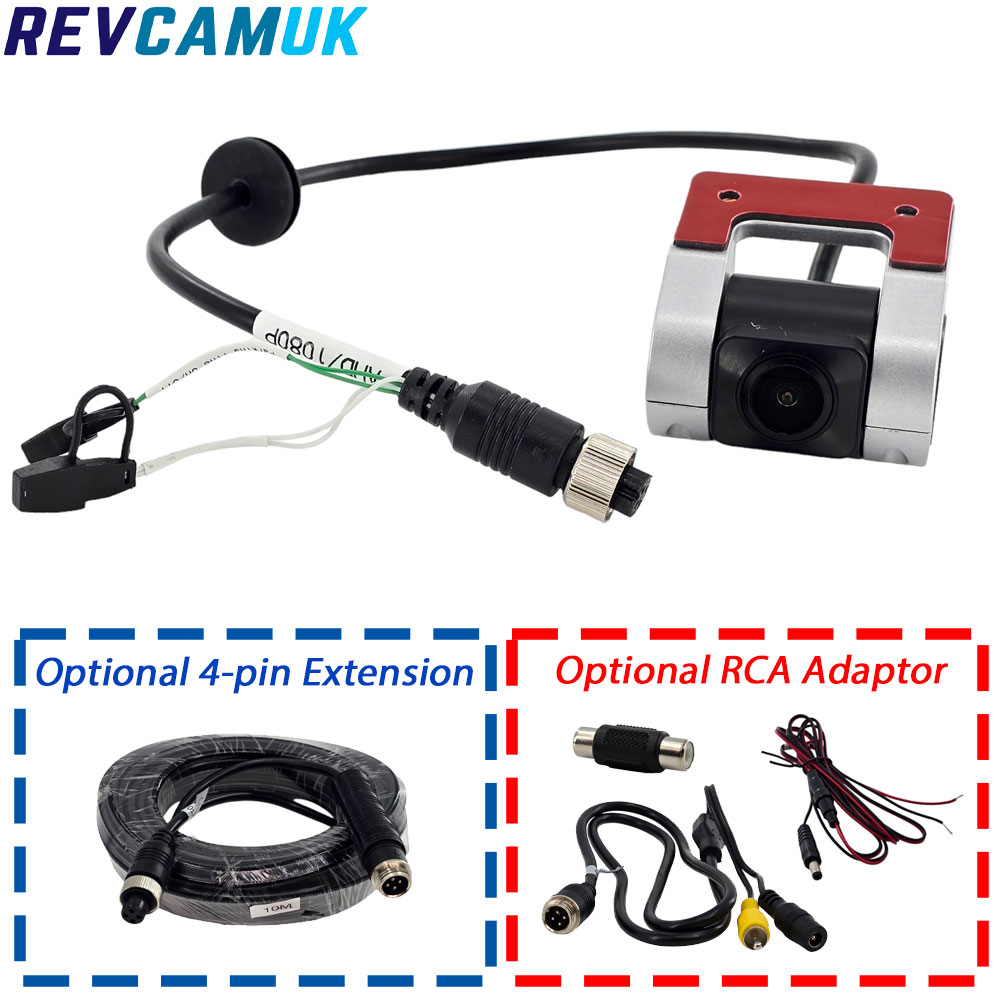 AHD 1080P windscreen or glass-mount reversing and driving camera with adjustable image settings, shown with 4-pin aviation connector, jumper tabs for normal/mirror view and guidelines control, and optional 4-pin extension cable and RCA adaptor set