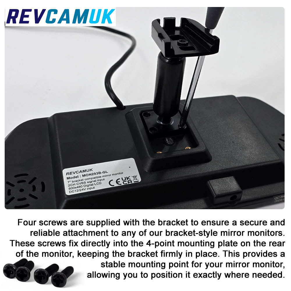 Universal mirror mounting bracket attached to the rear of a bracket-style mirror monitor, showing the 4-screw fixing points and secure fit onto the supplied metal windscreen button.
