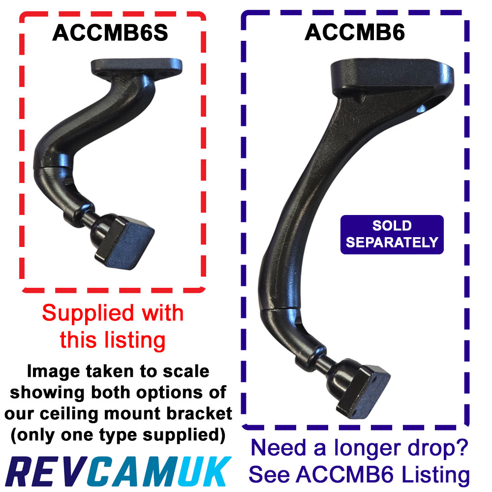 Comparison image showing ACCMB6S short ceiling bracket supplied with the listing and the longer ACCMB6 ceiling bracket sold separately, with both brackets shown to scale for drop-length reference.