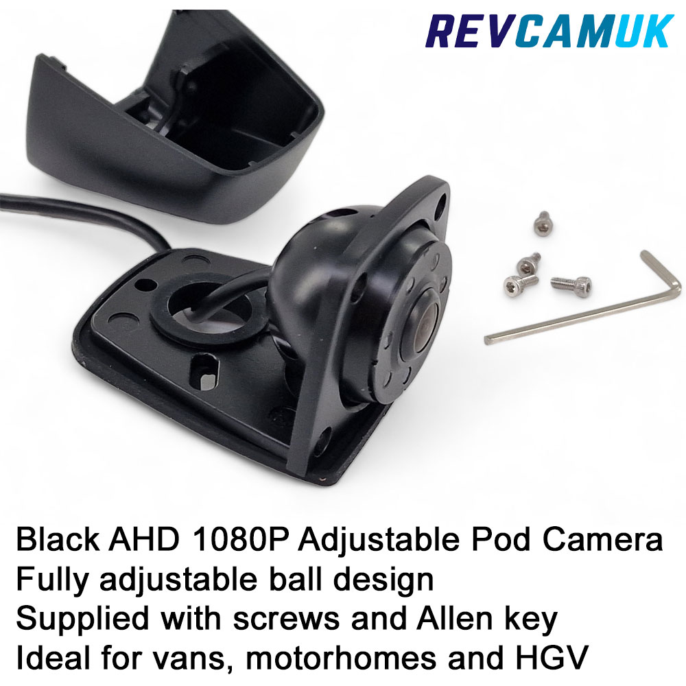 Black AHD 1080P adjustable pod-style side camera shown with mounting screws and Allen key from RevcamUK