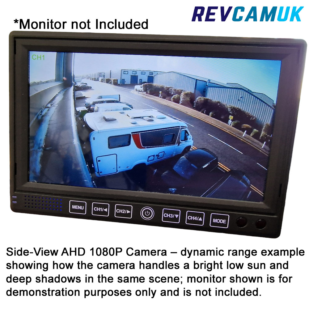 AHD 1080P side-view reversing camera demonstrating dynamic range, showing the camera performing in bright sunlight and deep shadows; monitor pictured for demonstration only and not included