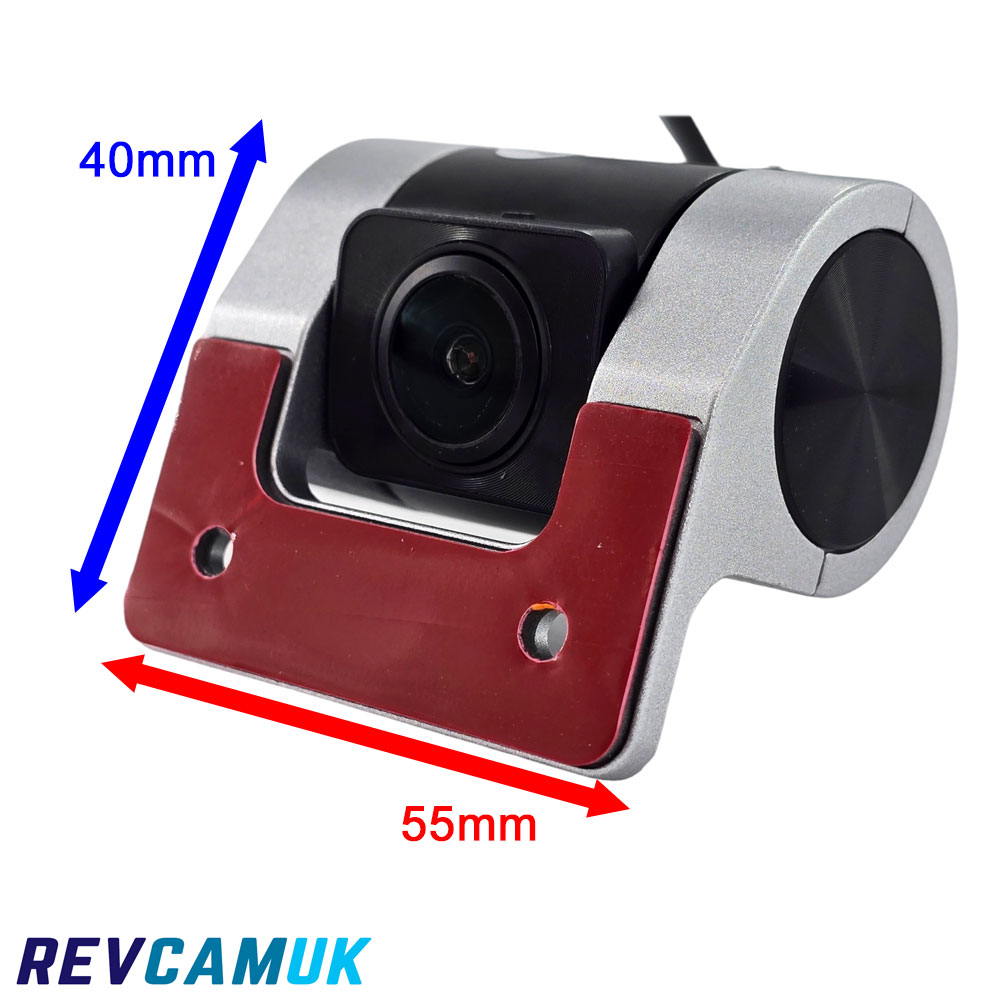 Windscreen-mounted AHD camera for front or rear glass installation, showing 40mm height and 55mm mounting width on the adhesive-base bracket, suitable for forward or rear-facing use
