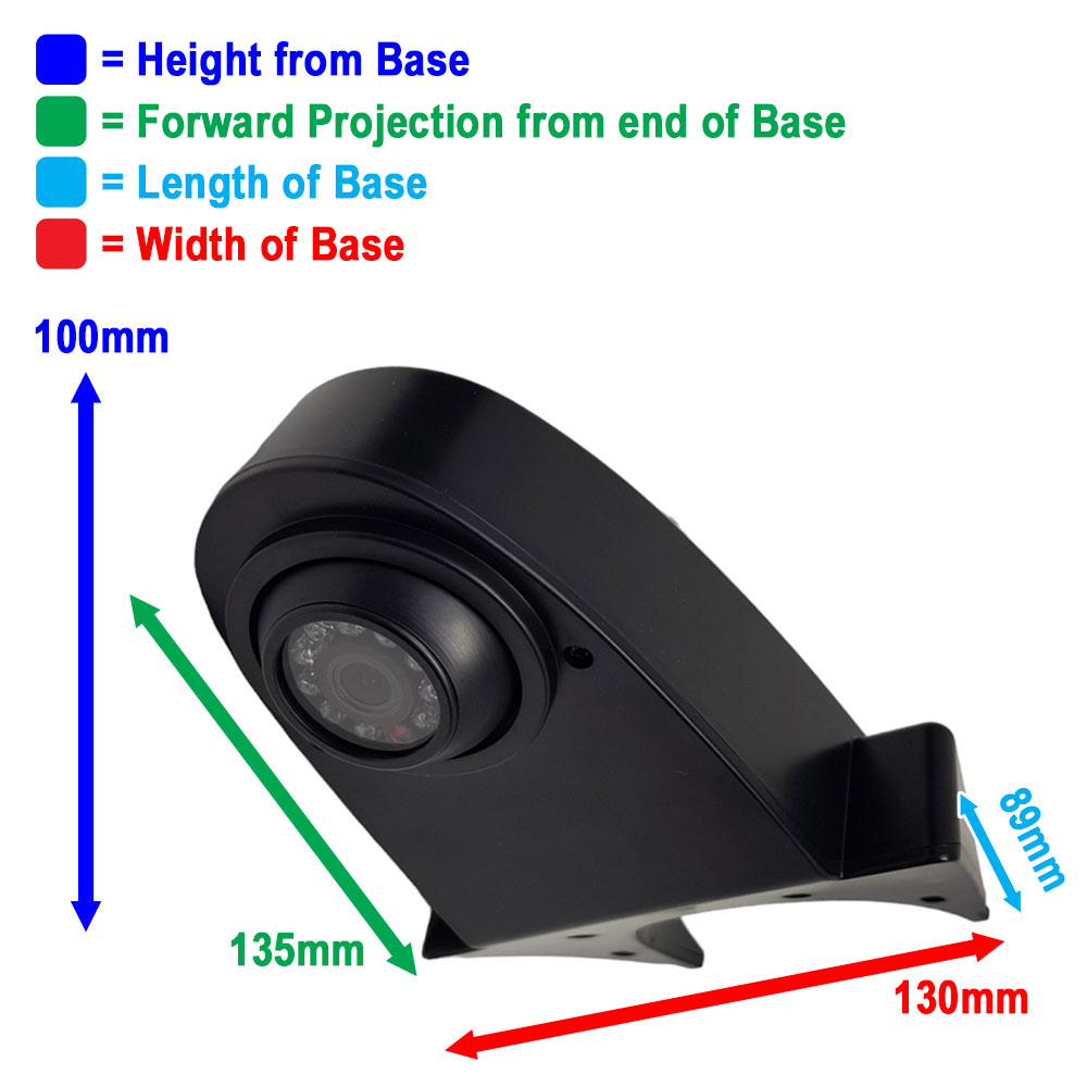 Black roof-mounted reversing camera showing 100mm height from base, 135mm forward projection, 89mm base length and 130mm base width, displayed with colour-coded dimension arrows