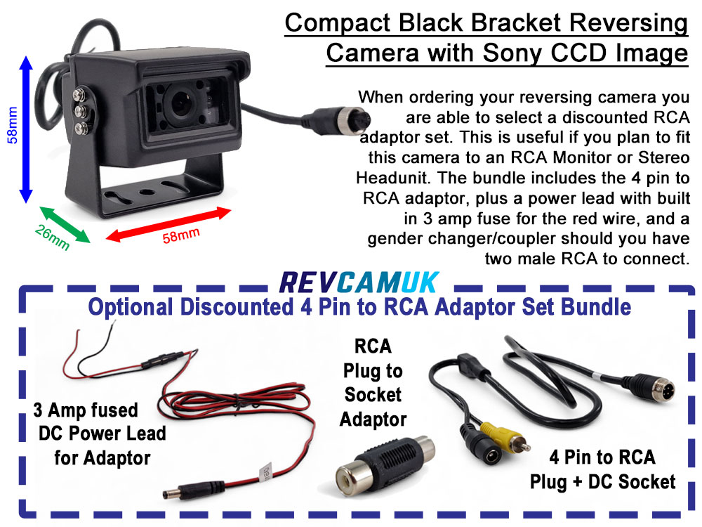 Dimensions and Adaptor Details for Black Compact Reversing Camera