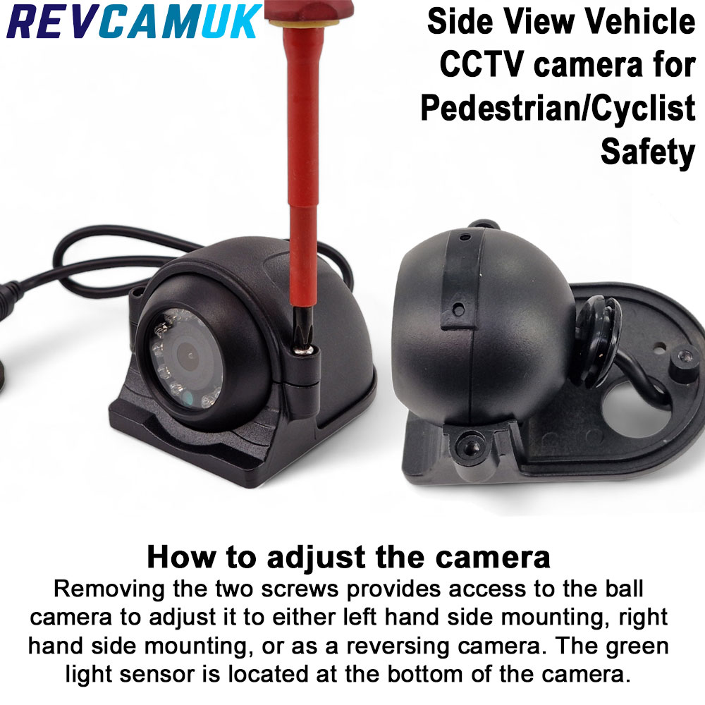 Side-view vehicle CCTV camera with adjustable ball mechanism, shown with screws removed for angle adjustment, suitable for pedestrian and cyclist safety; includes IR LEDs and light sensor detail
