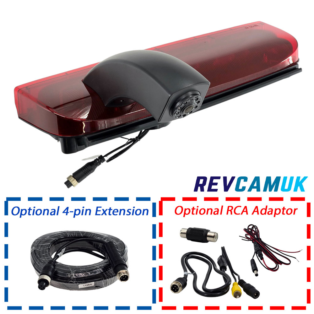 CAM294 brake light reversing camera for Ford Transit Connect 2013 onwards, shown with optional 4-pin extension cable and optional RCA adaptor