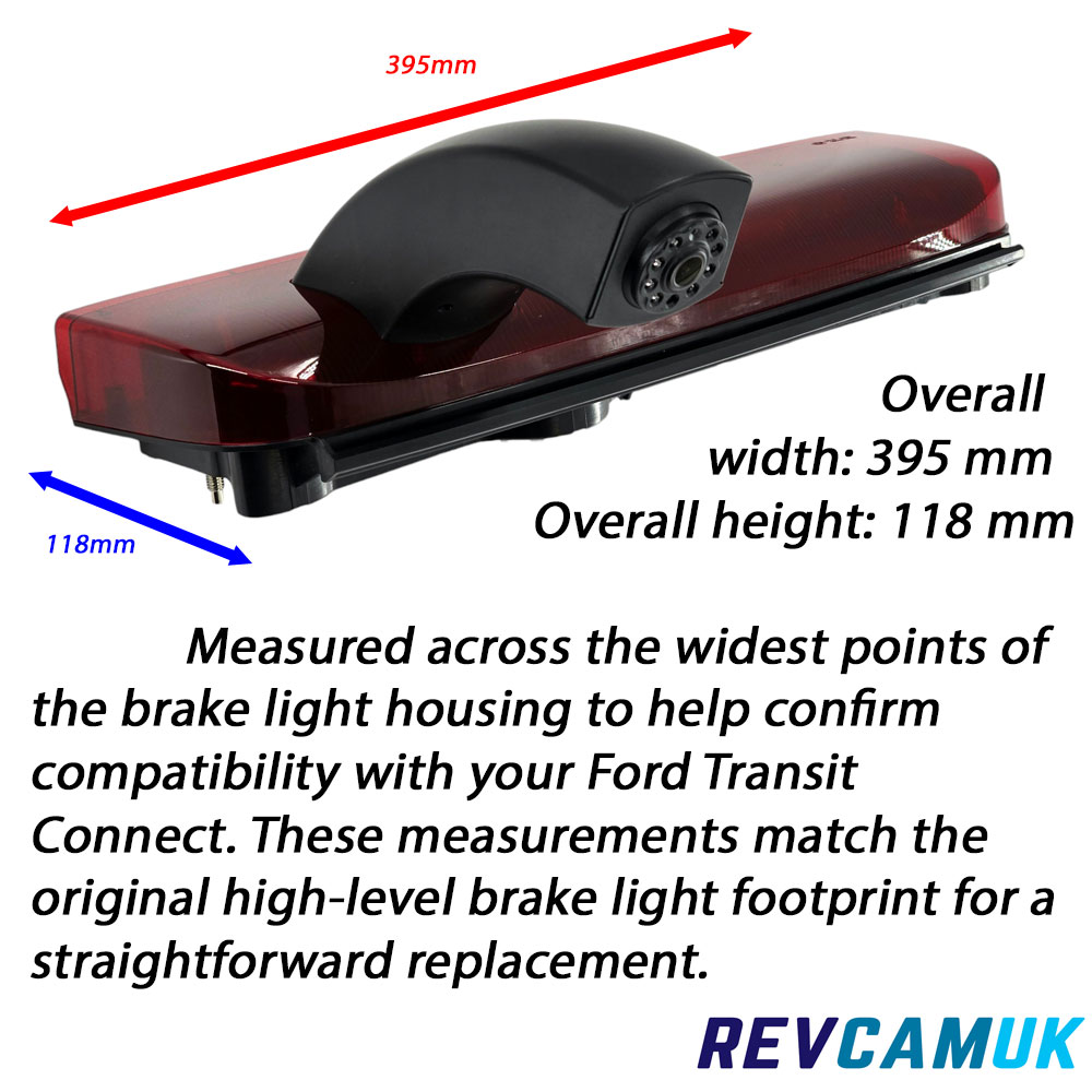 Dimensions of the CAM294 brake light reversing camera for the Ford Transit Connect showing overall width 395 mm and height 118 mm