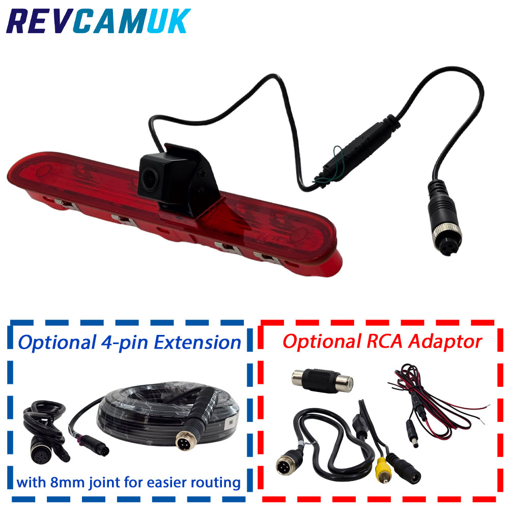 Contents image for the CAM340 brake light reversing camera for Peugeot Expert and Traveller, Vauxhall Vivaro C and Toyota ProAce, showing the camera unit with 4-pin connector alongside optional 4-pin extension cable and optional RCA adaptor kit.
