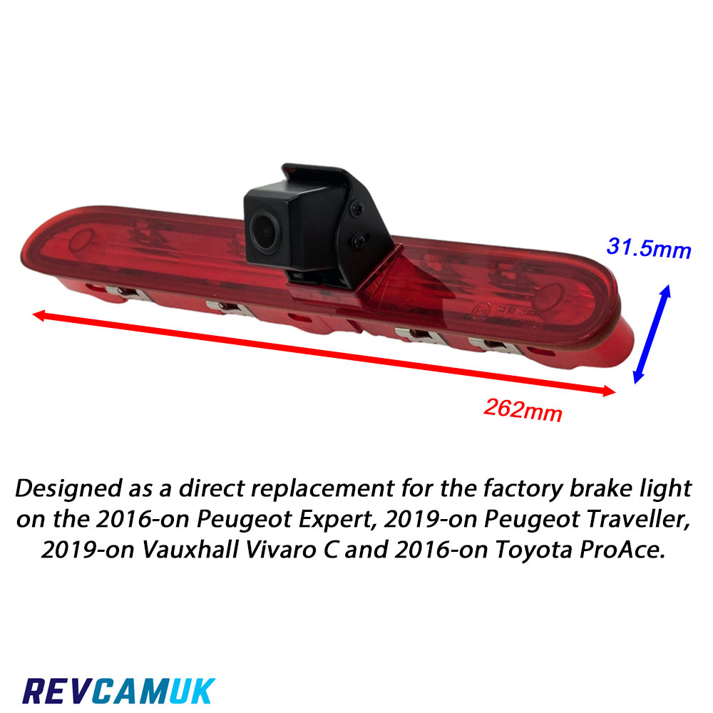 Dimensions of the brake light reversing camera for Peugeot Expert 2016-on, Peugeot Traveller 2019-on, Vauxhall Vivaro C 2019-on and Toyota ProAce 2016-on, showing overall width of 262 mm and height of 31.5 mm.
