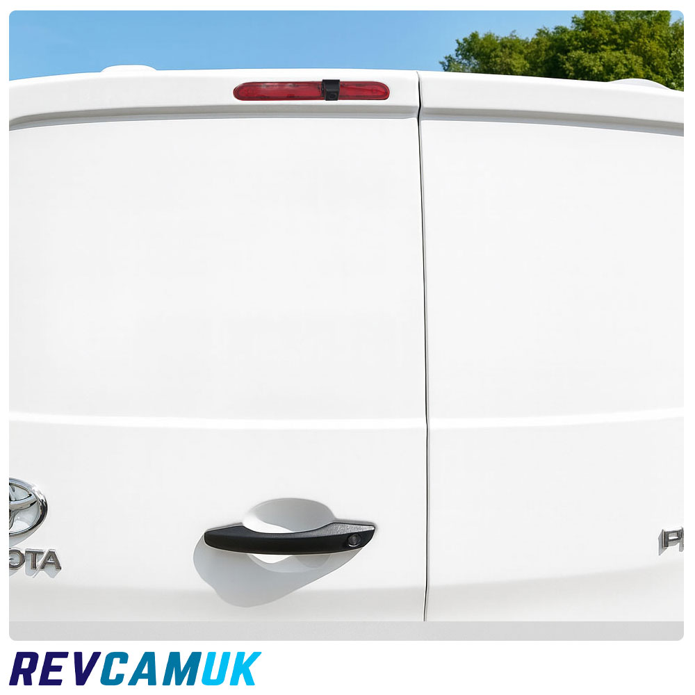 Fitting location for the brake light reversing camera for Peugeot Expert and Traveller, Vauxhall Vivaro 2019-onwards, and Toyota Proace 2016-present, showing the OEM high-level brake light position on the rear doors.