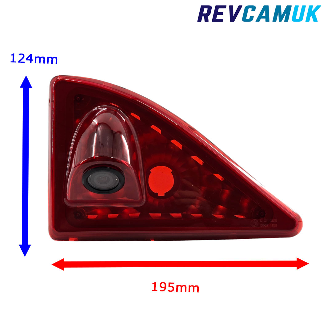 Dimensions of the CAM401 brake light reversing camera for Renault Master, Nissan NV400 and Vauxhall Movano, showing overall width of 195 mm and height of 124 mm.