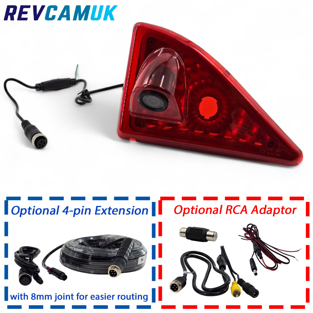 Contents image for CAM401 high-resolution brake light reversing camera for Renault Master, Nissan NV400 and Vauxhall Movano vans, showing the camera unit with upgraded 4089 700tvl sensor and optional 4-pin extension cable and RCA adaptor set