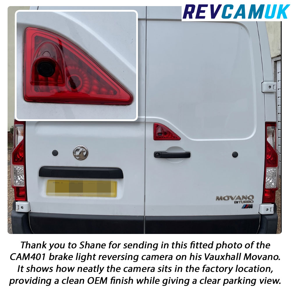 Fitted photo of the CAM401 brake light reversing camera on a Vauxhall Movano, compatible with Renault Master, Nissan NV400 and Vauxhall Movano vans