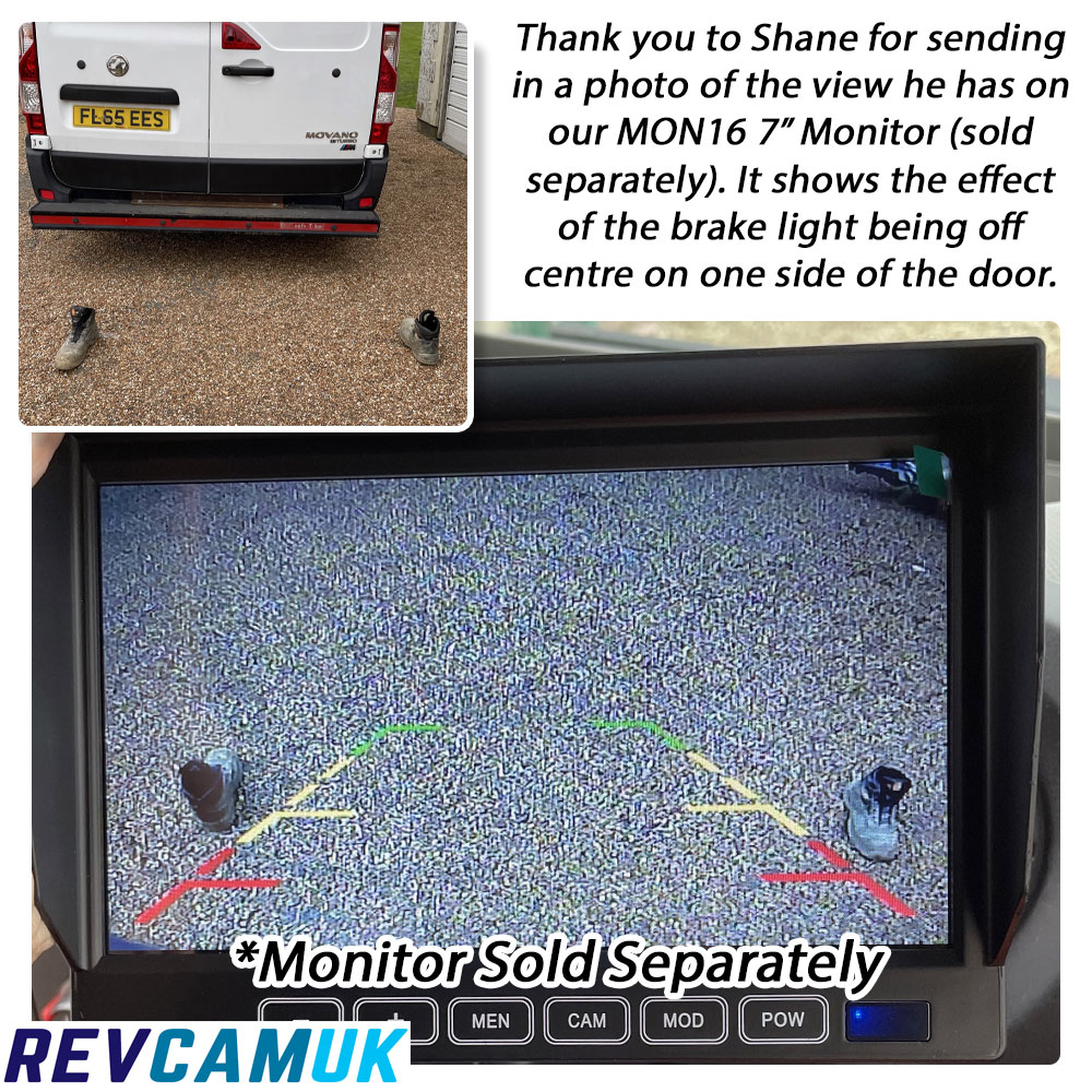 Customer example from Shane showing the rear view from the CAM401 brake light reversing camera on a Vauxhall Movano using the MON16 7-inch monitor, illustrating the effect of the brake light being offset on one door.