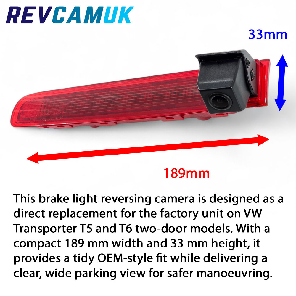 Dimensions of the CAM560 brake light reversing camera for Volkswagen Transporter T5 and T6 barn-door models, showing a width of 189 mm and height of 33 mm.