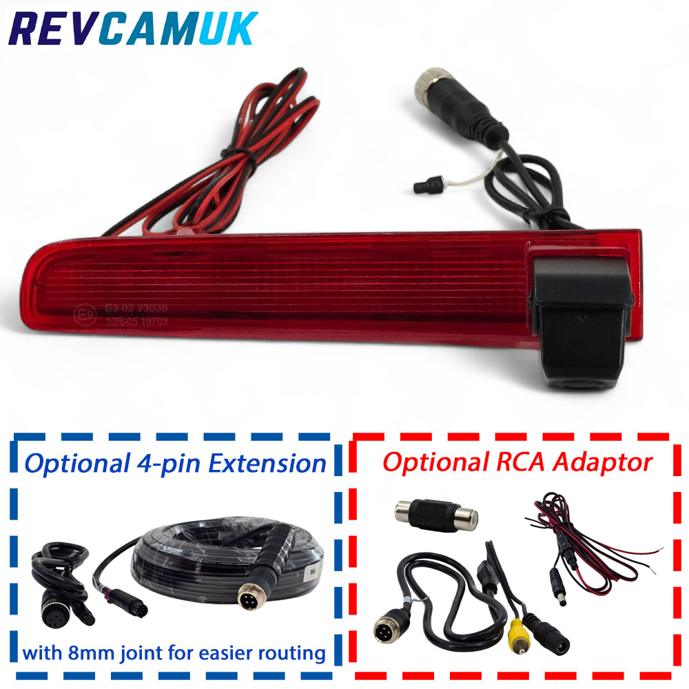 Contents image of the CAM560 brake light reversing camera for Volkswagen Transporter T5 and T6 two-door barn-door models, showing the camera unit with 4-pin connector alongside optional 4-pin extension cable and optional RCA adaptor.