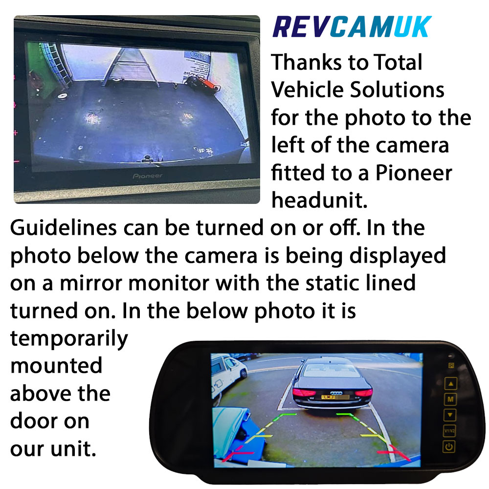 Reversing camera image shown on a Pioneer head unit and a mirror monitor, demonstrating optional parking guidelines and camera performance when temporarily mounted above the door.
