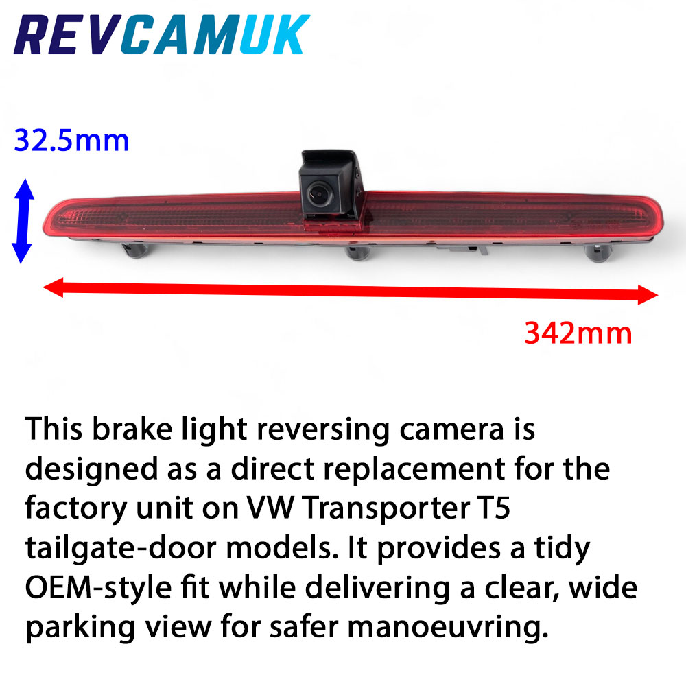 Dimensions diagram for CAM562 VW Transporter T5 tailgate brake light reversing camera showing overall width and height.