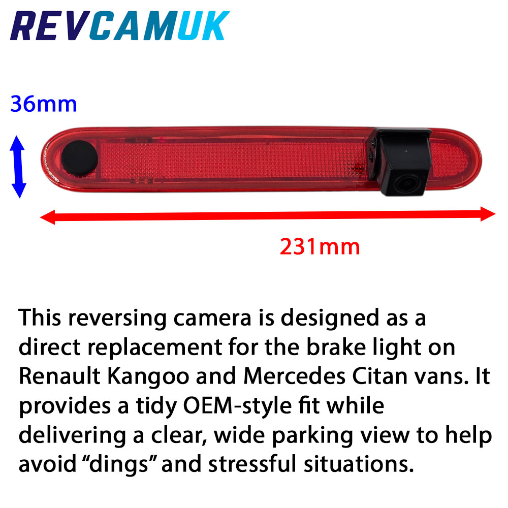 Renault Kangoo and Mercedes Citan brake light reversing camera with integrated camera on the right, shown with dimensions 231 mm wide and 36 mm high, designed as an OEM-style direct replacement.