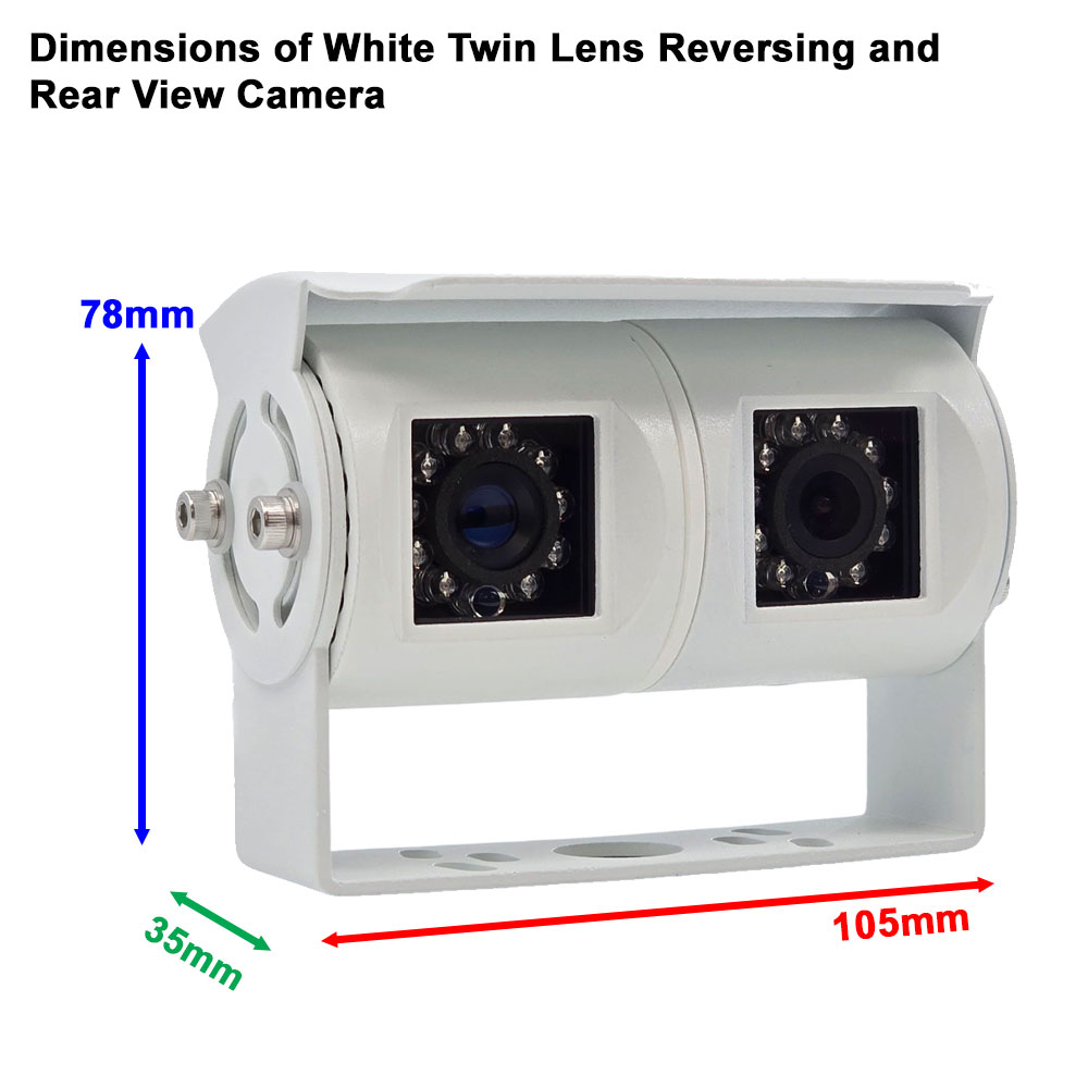 Dimensions of the white twin-lens reversing and rear-view camera, showing 78 mm height, 105 mm width, and 35 mm depth – REVCAMUK.