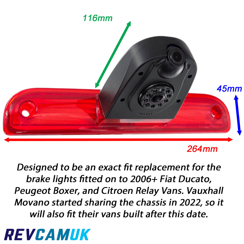 Dual lens brake light reversing camera dimensions for Fiat Ducato, Peugeot Boxer, Citroen Relay, and Vauxhall Movano vans – REVCAMUK