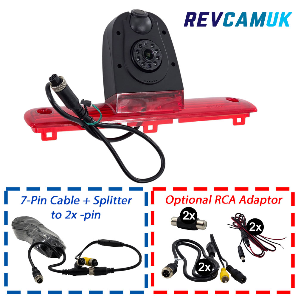 Dual lens brake light reversing camera for Ducato, Boxer and Relay vans with 7-pin twin cable and 7-pin to 2x 4-pin adaptor shown, with optional removal of 7-pin extension cable – REVCAMUK.