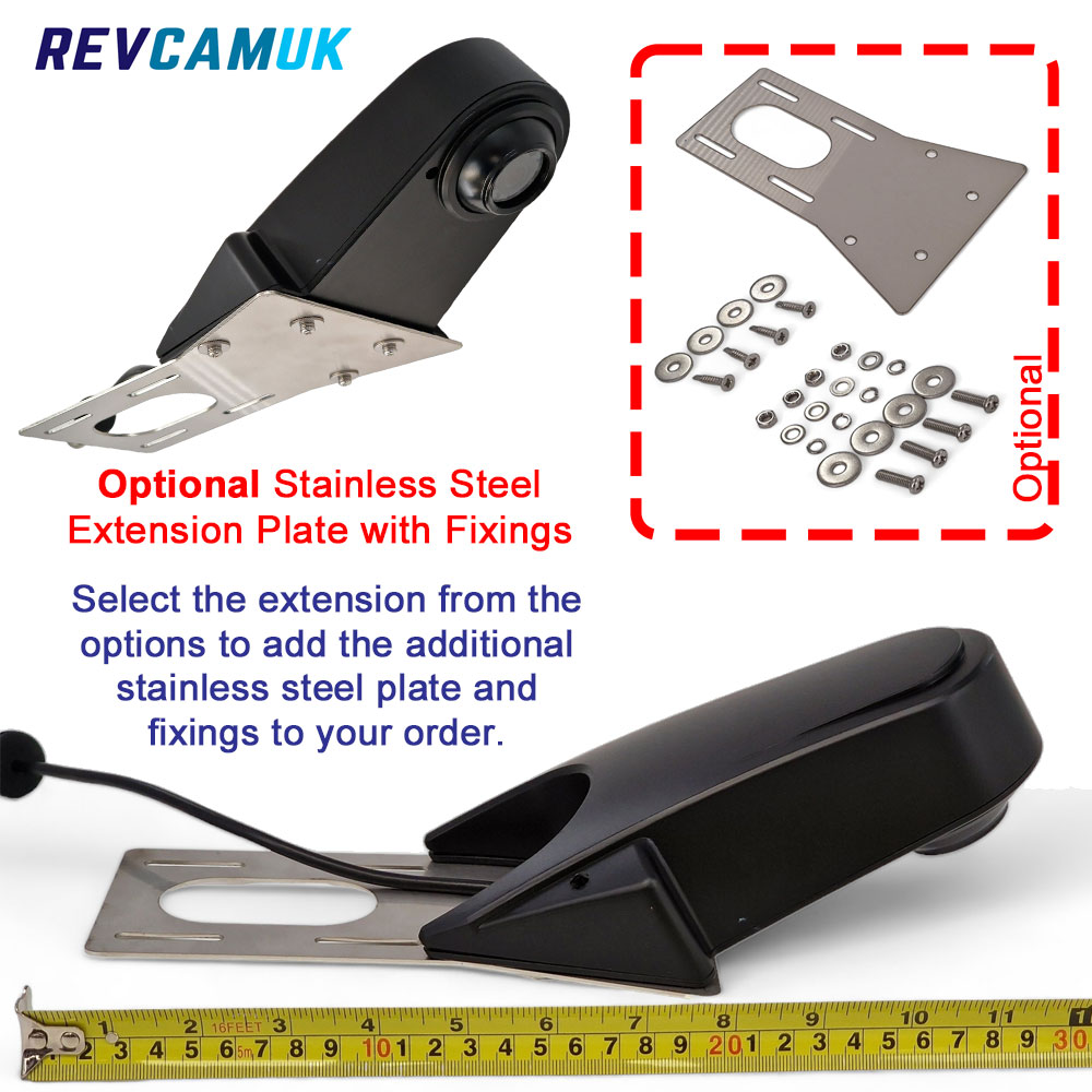 Roof-mounted van reversing camera shown with optional stainless steel extension plate and full fixing kit, including screws, washers and brackets, with measurement scale for size reference
