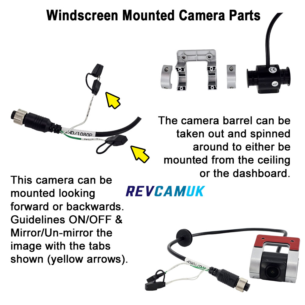 Windscreen-mounted AHD 1080P camera parts including adjustable barrel mount, ceiling or dashboard mounting brackets, 4-pin connector, and jumper tabs for mirror, un-mirror and guidelines on/off settings, shown with forward or backward mounting options