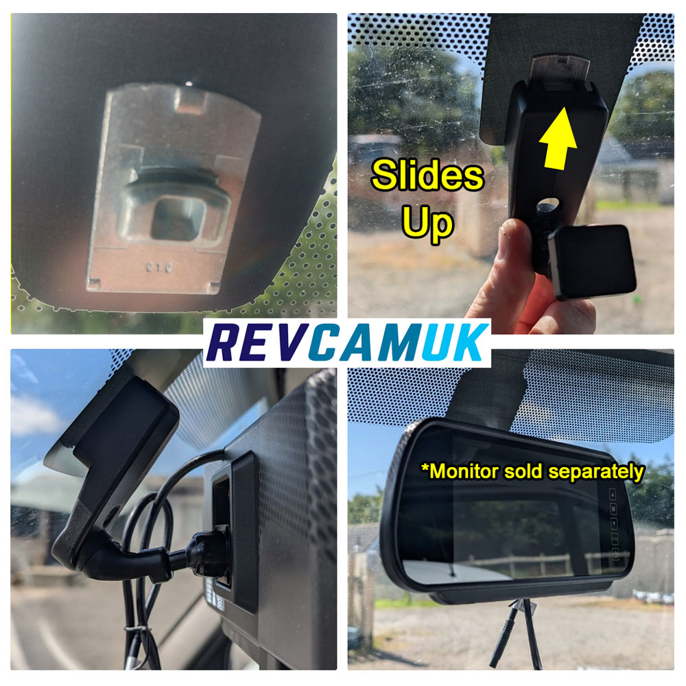 Example installation of a swan-neck mirror monitor bracket on a Renault Master van, showing the factory windscreen mounting plate, how the bracket slides into place, side view of the fitted bracket, and the mirror-style monitor installed (monitor sold sep