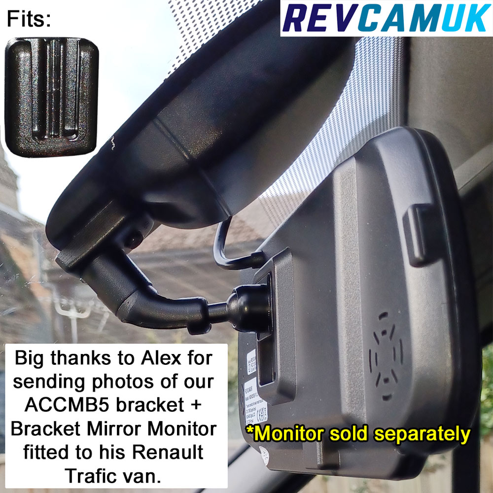 ACCMB5 swan-neck mirror monitor bracket designed for the factory windscreen mounting plate used on Mercedes Sprinter, Mercedes Vito, pre-2017 VW Crafter, Renault Master, Renault Trafic, Vauxhall Vivaro and Vauxhall Movano vehicles.