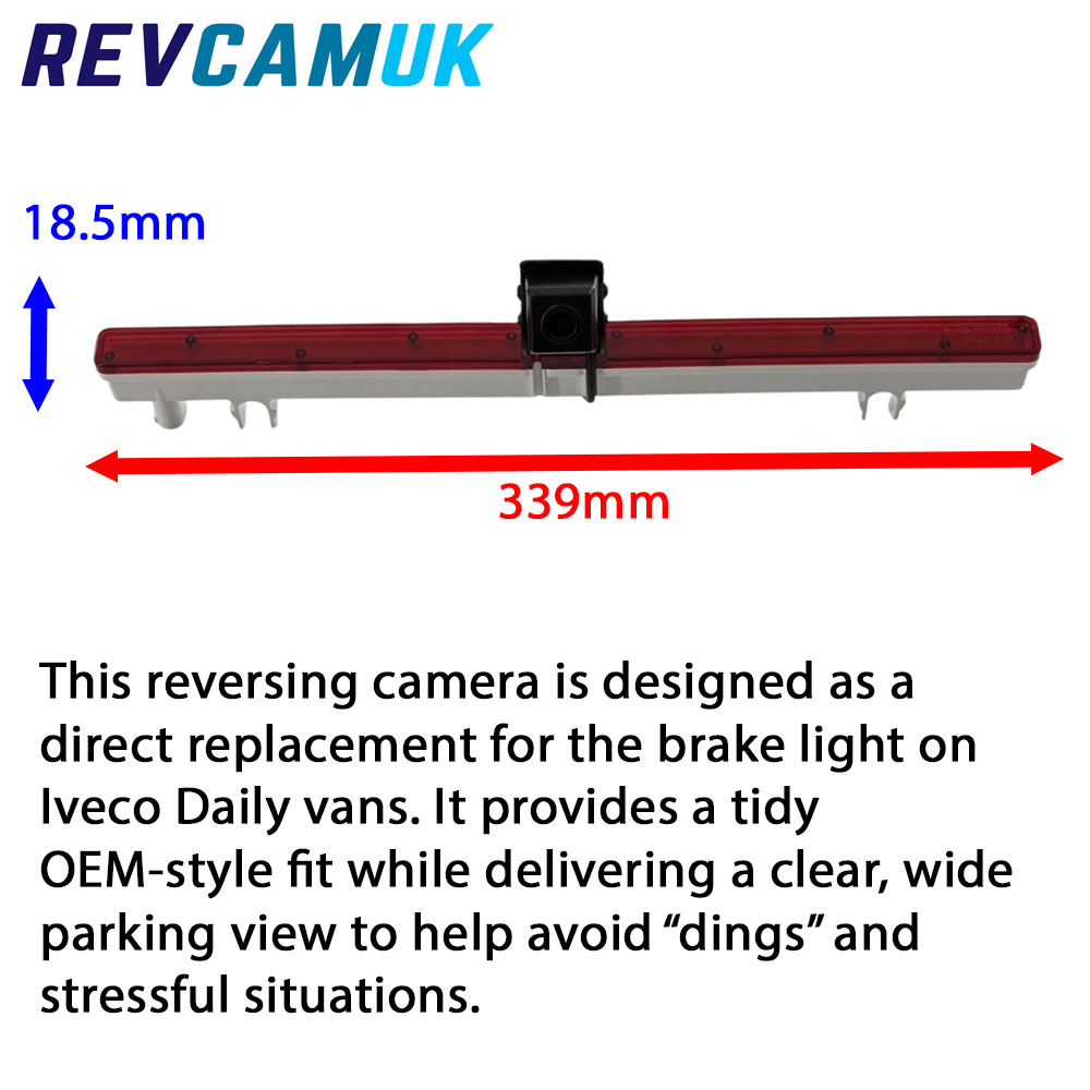 2022+ Iveco Daily brake light reversing camera showing visible dimensions (339 mm width and 18.5 mm height), designed as an OEM-style direct replacement for the factory high-level brake light, with a wide parking view for Iveco Daily vans (2022–present).