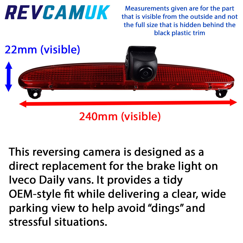 Iveco Daily brake light reversing camera showing visible dimensions (240 mm width and 22 mm height), designed as an OEM-style direct replacement brake light camera for Iveco Daily vans.