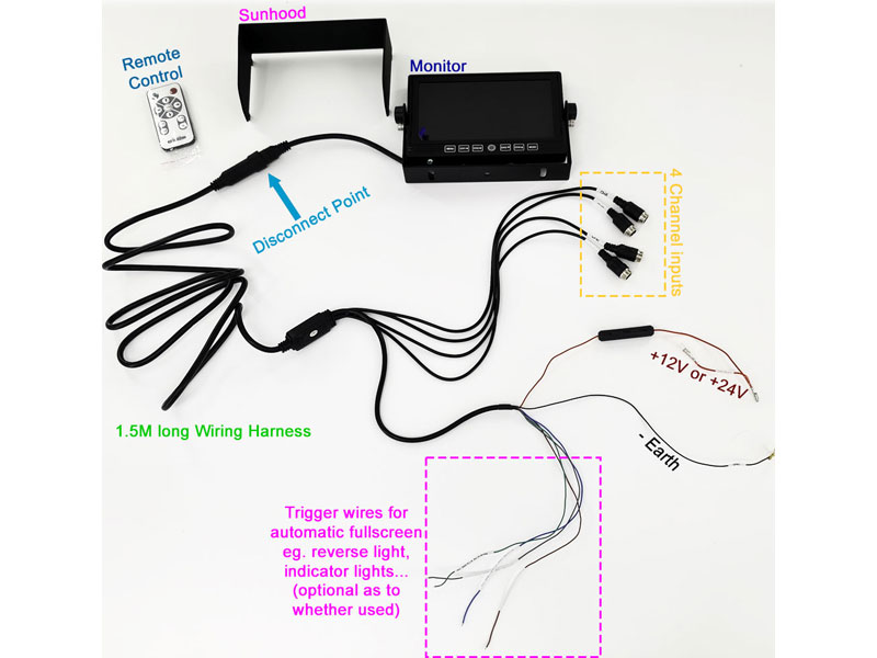 Wiring Harness For 7 inch quad splitscreen rearview monitor display