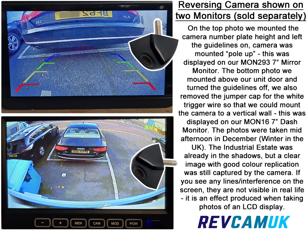 Reversing Camera Image shown in two different positions on two different monitors with and without guidelines