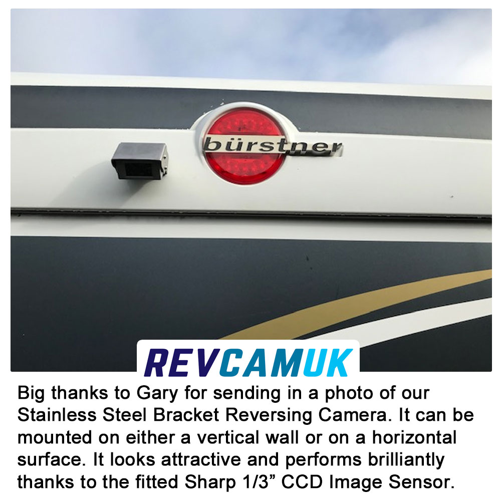 Stainless steel bracket-mounted reversing camera fitted to the rear of a Bürstner motorhome