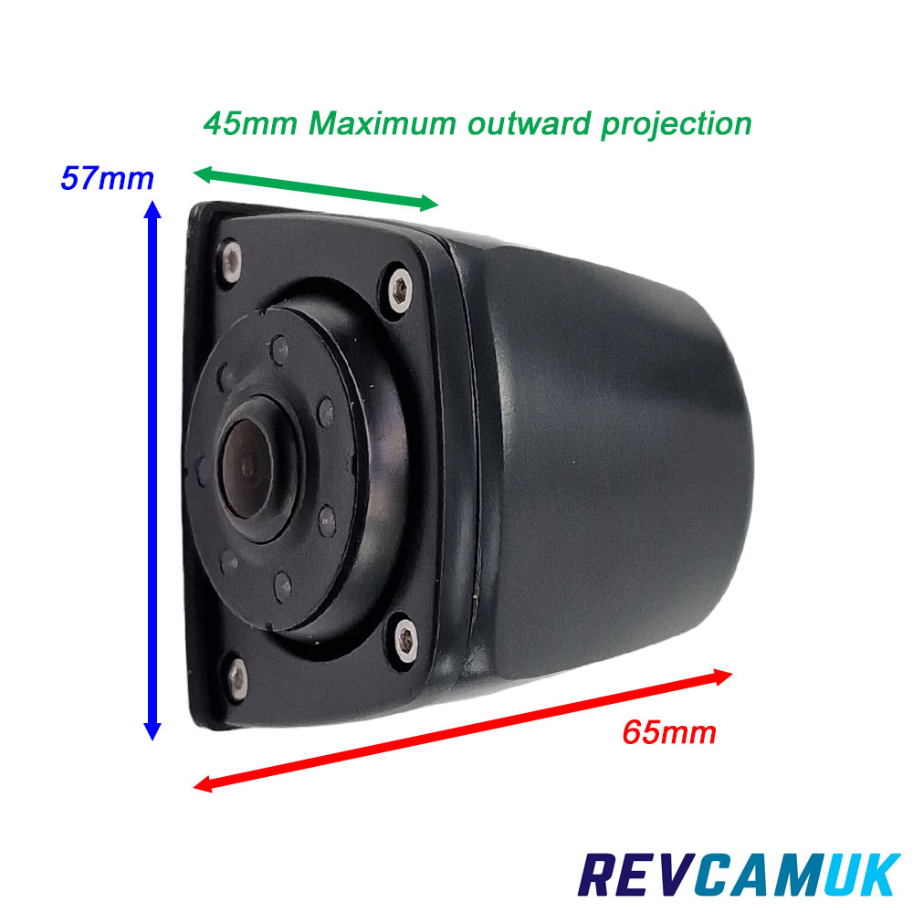 Compact side-mounting reversing camera showing 57mm height, 65mm depth and 45mm maximum outward projection