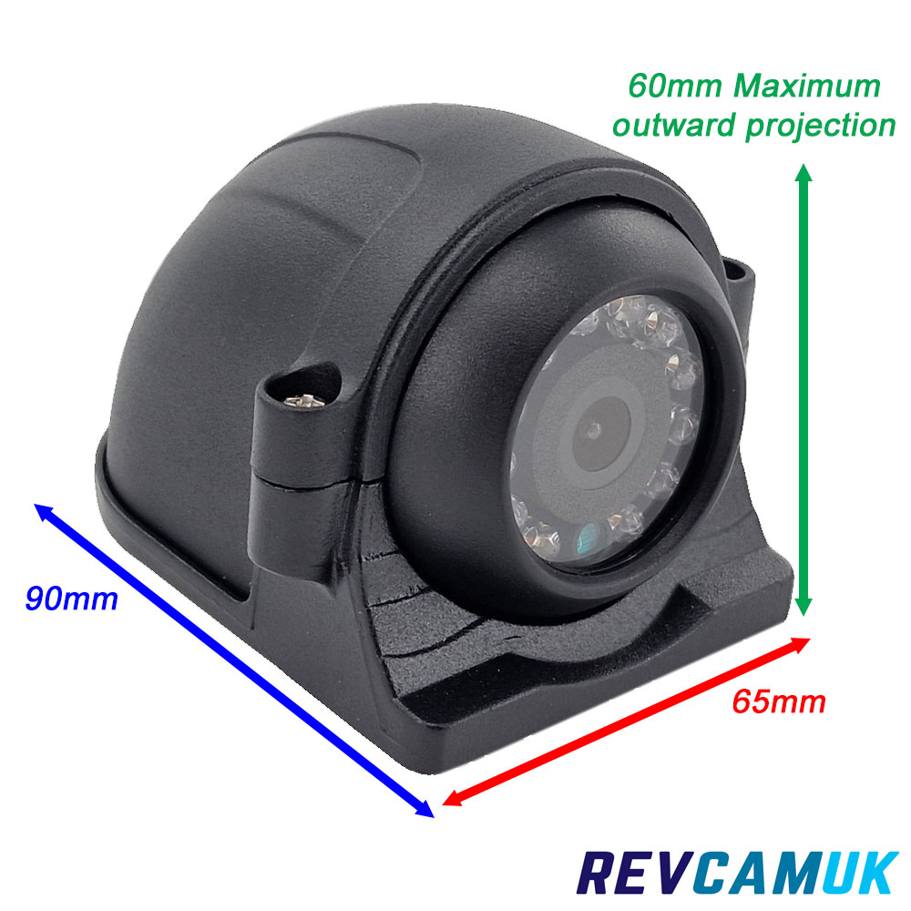 Side or rear-view reversing camera showing 90mm length, 65mm depth and 60mm maximum outward projection