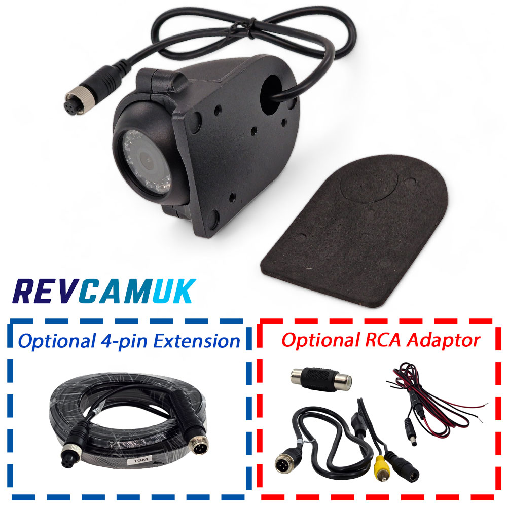 Image showing a black side view camera with included mounting pad, alongside optional 4-pin extension cable and optional RCA adaptor kit from REVCAMUK