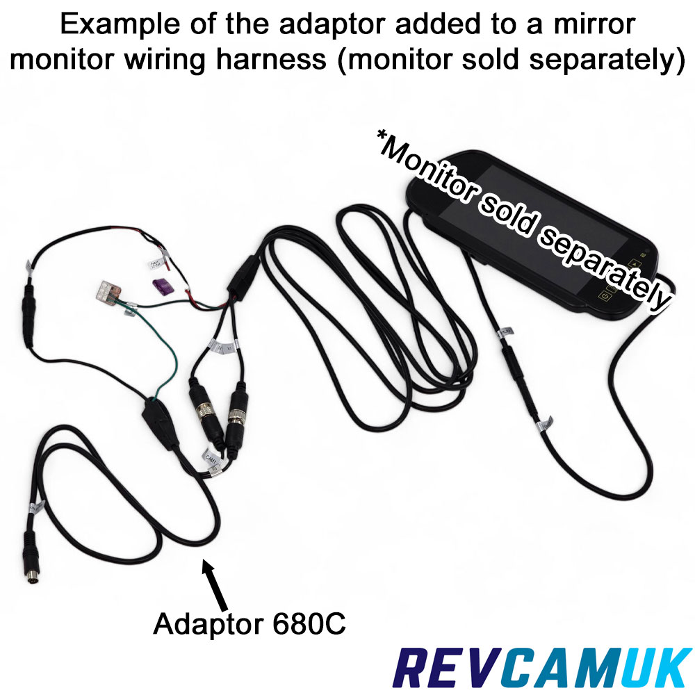 Example of Adaptor 680C connected to a mirror monitor wiring harness, showing how the Obserview CM680C adaptor integrates with a new monitor (monitor sold separately)