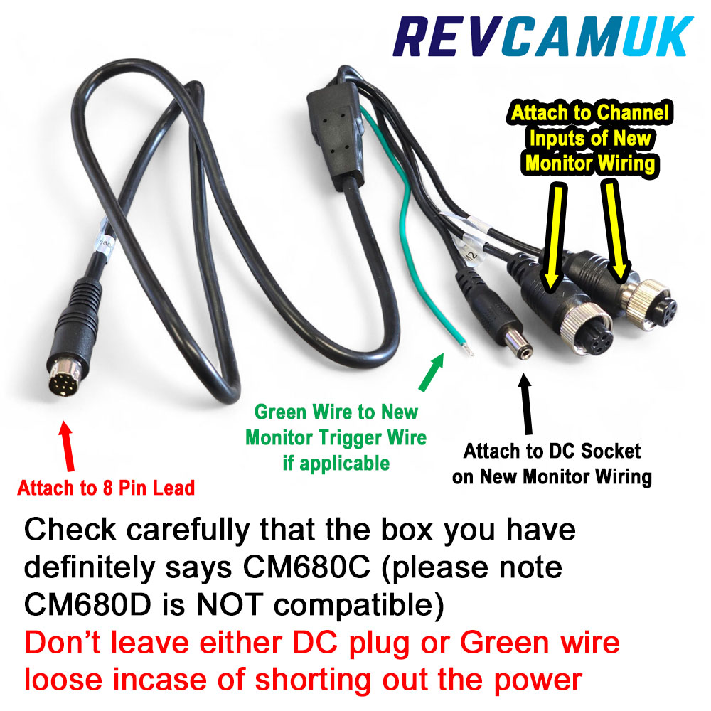 Adaptor 680C wiring guide showing connection points for Obserview CM680C, including 8-pin lead, DC power plug, green trigger wire and video inputs for a new monitor