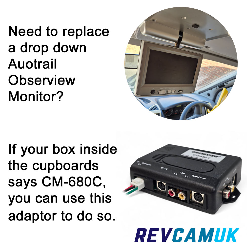 Auto-Trail motorhome Obserview CM-680C control box and drop-down monitor, showing compatibility with Adaptor 680C for monitor replacement