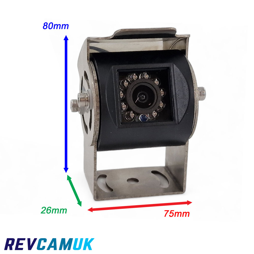 Stainless steel bracket-mounted reversing or rear-view camera showing updated dimensions of 78mm height, 52mm width and 30mm mounting depth, displayed as a dimensions guide