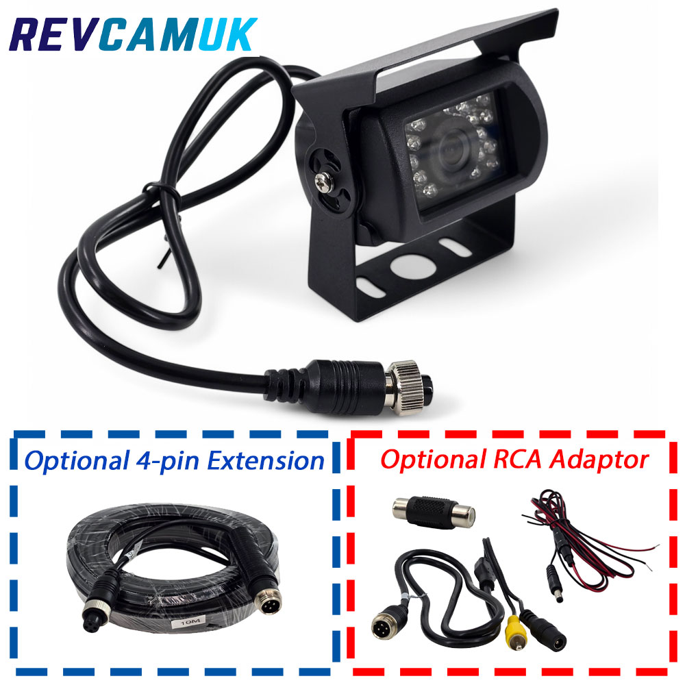 Black rear-view and driving camera with adjustable bracket, 4-pin aviation connector, and optional accessories including a 4-pin extension cable and RCA adaptor set