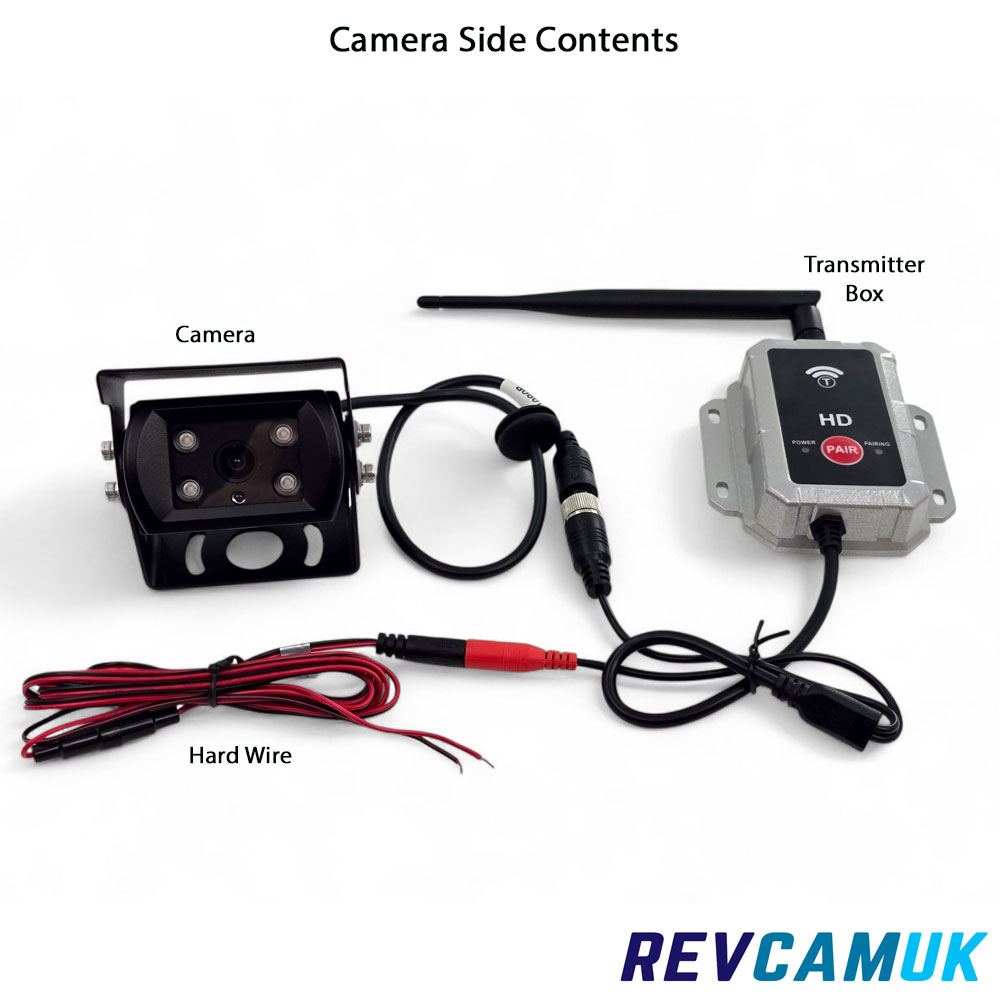 wireless reversing camera kit camera side contents including sony 1080p bracket camera transmitter box and hard wiring lead