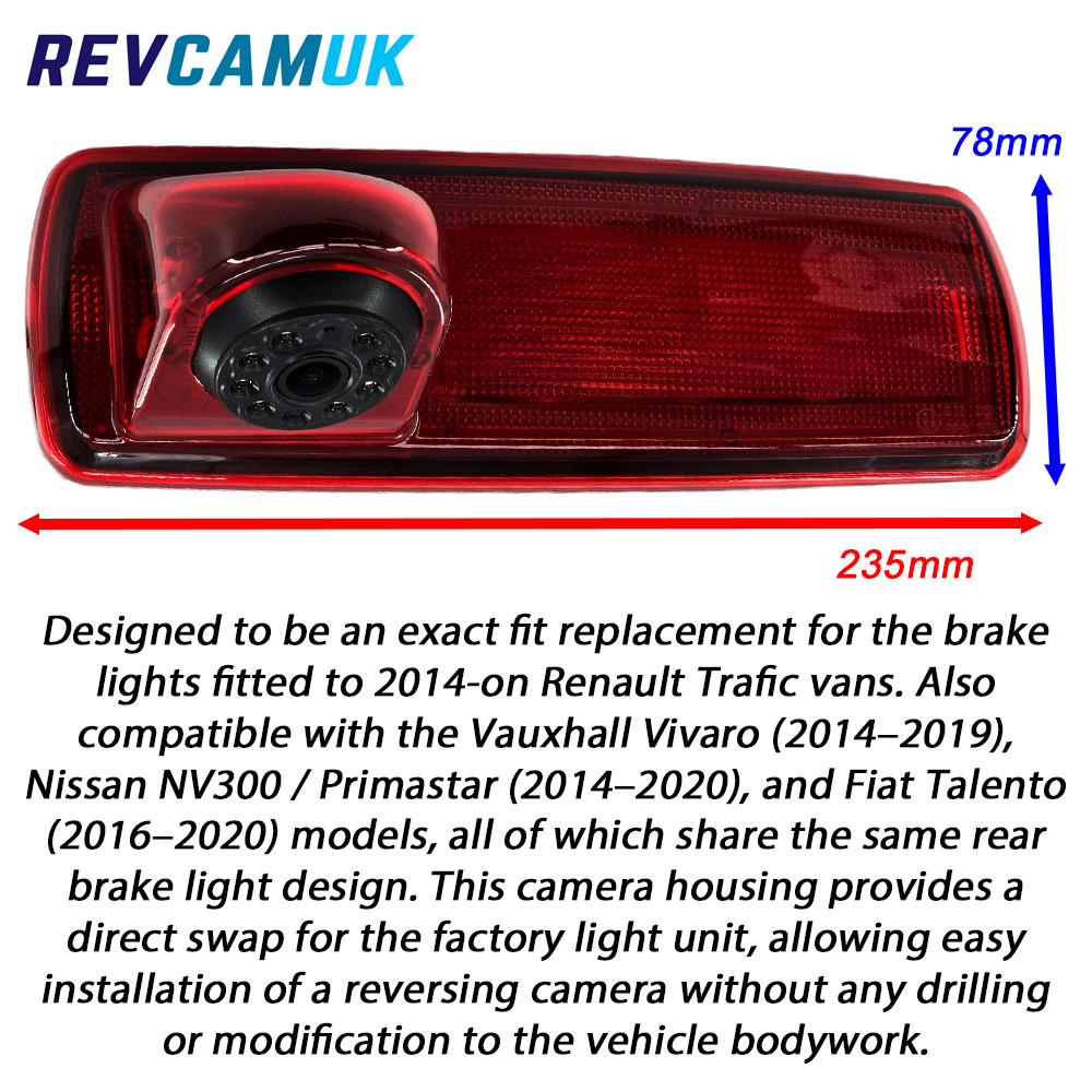 Brake light reversing camera dimensions for Renault Trafic (2014–present), Vauxhall Vivaro (2014–2019), Nissan NV300 / Primastar (2014–2020), and Fiat Talento (2016–2020) – REVCAMUK.