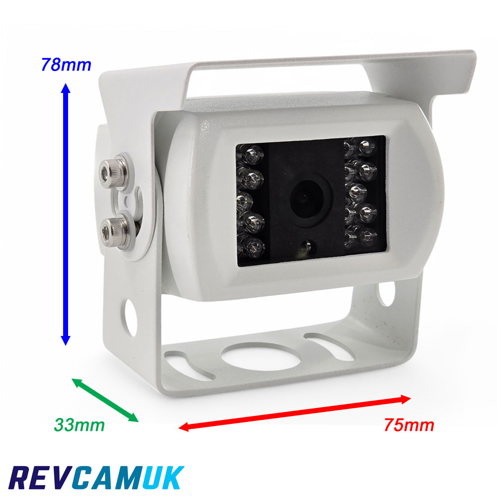 CAM061 white reversing camera dimensions image showing 75 mm width, 78 mm height and 33 mm depth, ideal for motorhomes and vans.