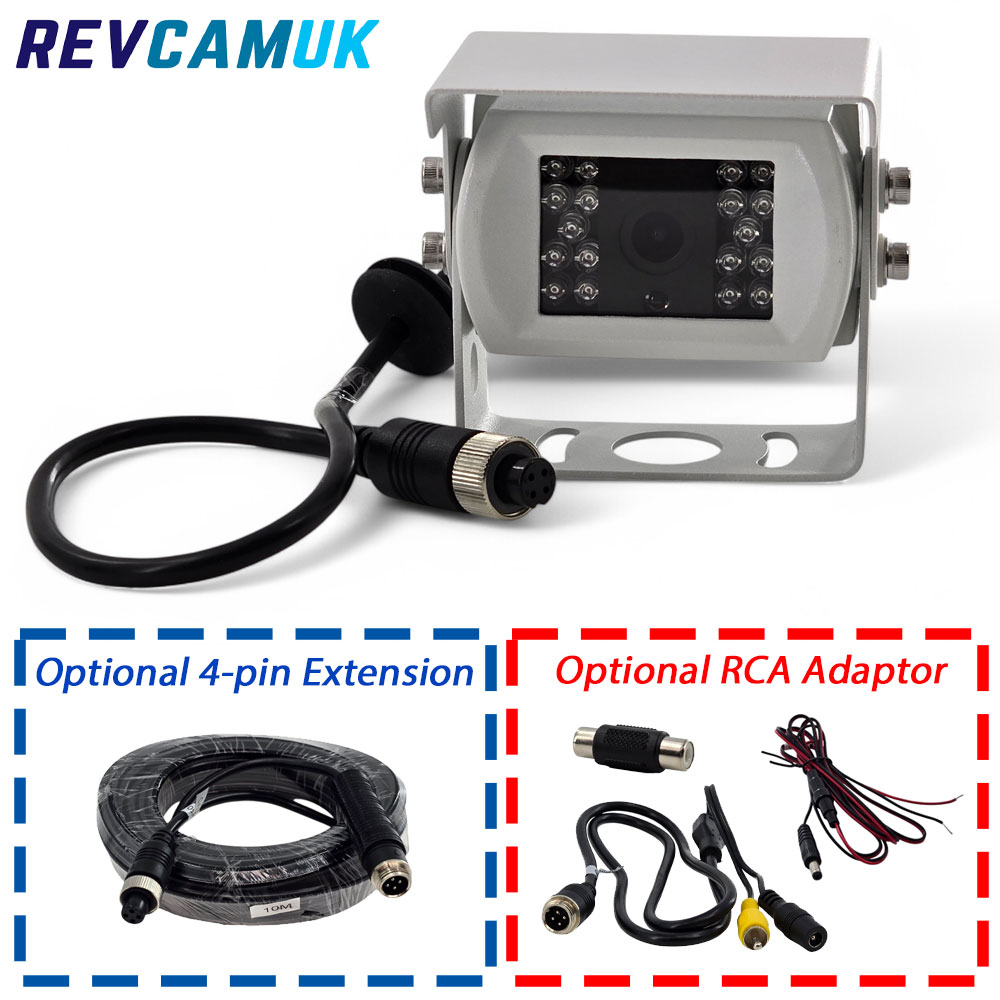 CAM061 white reversing camera with stainless steel bracket and Sony CCD image sensor, showing supplied camera, optional 4-pin extension cable and optional RCA adaptor, popular for vans and motorhomes.