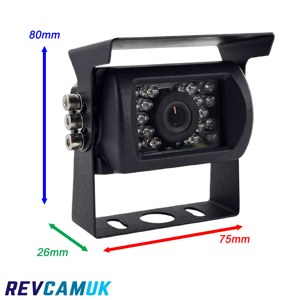 Bracket-mounted black rear-view or reversing camera with IR LEDs, showing 80mm height, 75mm width and 26mm depth, displayed as a dimensions guide