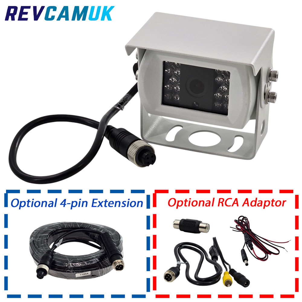 CAM064 white rear view driving camera with Sony CCD image sensor and stainless steel mounting bracket, showing optional 4-pin extension cable and RCA adaptor, suitable for vans, motorhomes, trucks and HGVs.