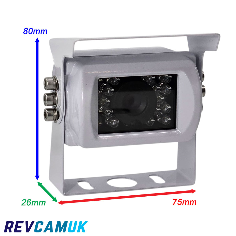 Bracket-mounted white rear-view or reversing camera with IR LEDs, showing 80mm height, 75mm width and 26mm depth, displayed as a dimensions guide